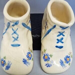 Vintage Hand Painted Ceramic Baby Shoes Planter Vase Blue Flowers Nursery Decor